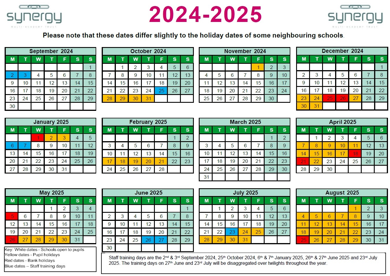 Synergy Calendar 2024 to 2025